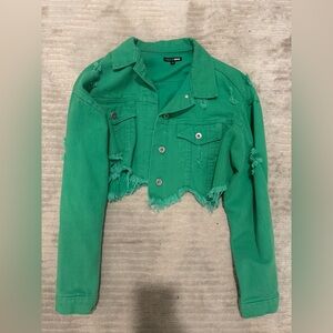 Fashion Nova Vibrant Green Cropped Denim Jacket Size Small